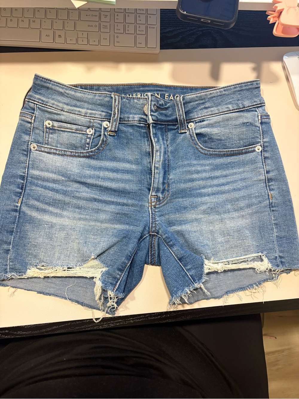 American Eagle Outfitters Light Blue Distressed Denim Midi Shorts